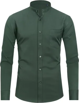 Alimens & Gentle Men's Banded Collar Dress Shirts Long Sleeve Mandarin Collar Button Down Shirt with Pocket