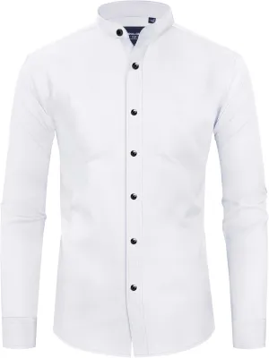 Alimens & Gentle Men's Banded Collar Dress Shirts Long Sleeve Mandarin Collar Button Down Shirt with Pocket