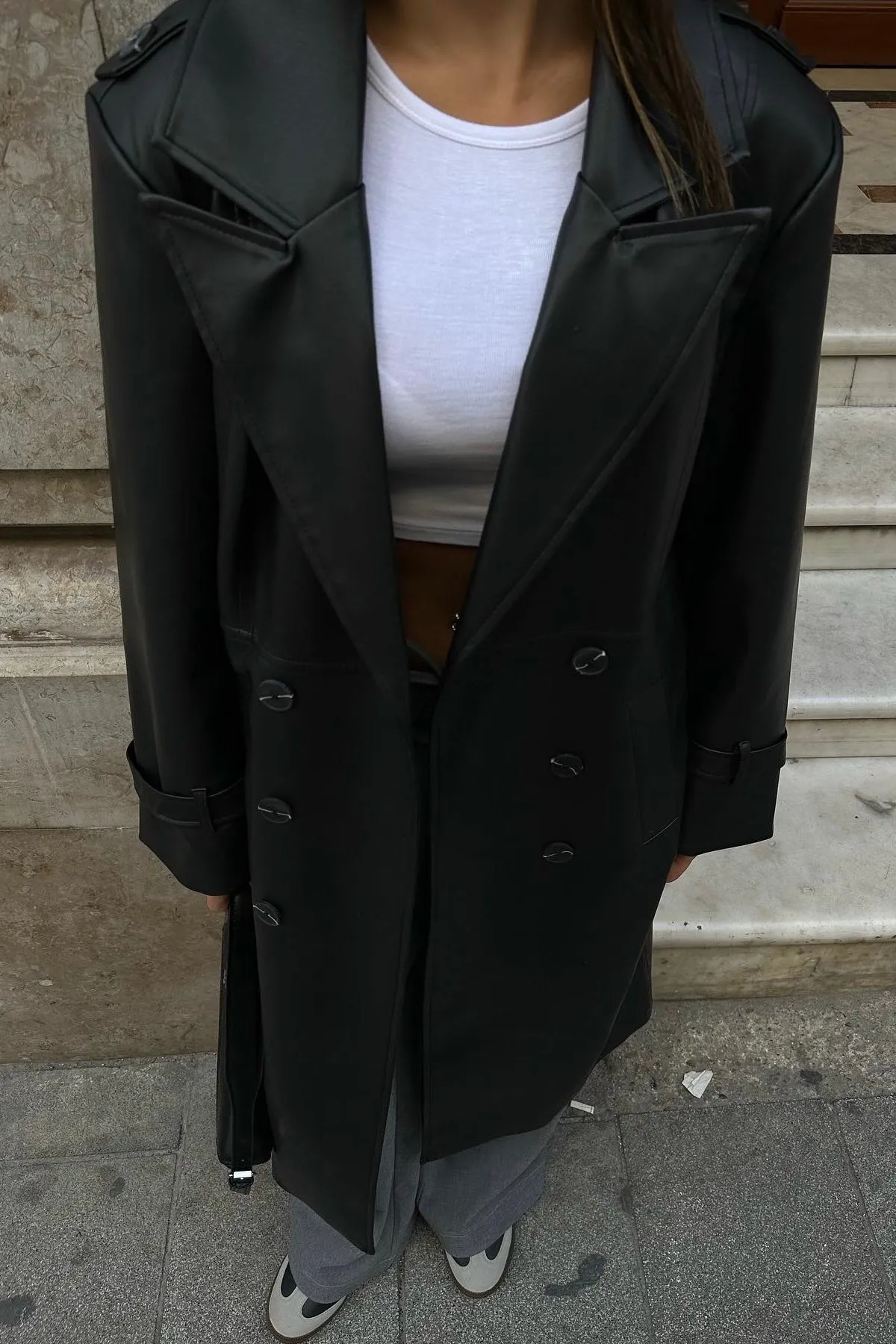 Belted Faux Leather Trench Coat