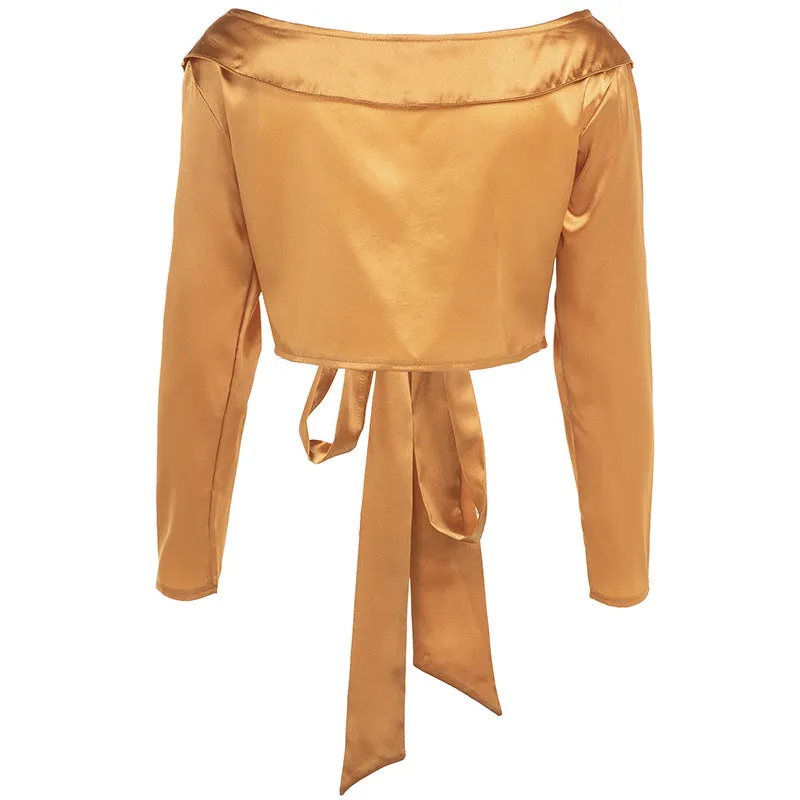 BowKnot Strap Wrap V-neck Long Lantern Sleeves Crop Top