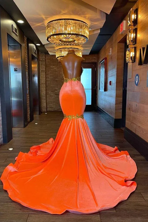 Charming Long Mermaid Halter Sleeveless Backless Prom Dress With Gold Beading
