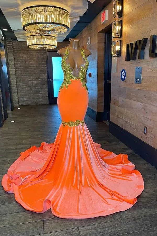 Charming Long Mermaid Halter Sleeveless Backless Prom Dress With Gold Beading