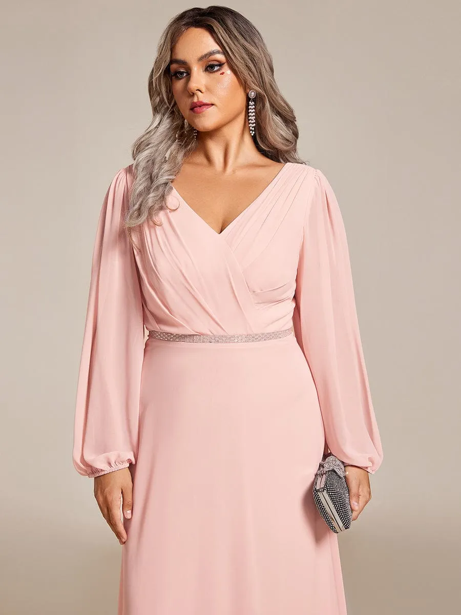 Clara | V-Neck Long Sleeves Shiny Belt Chiffon Mother of the Bride Dress