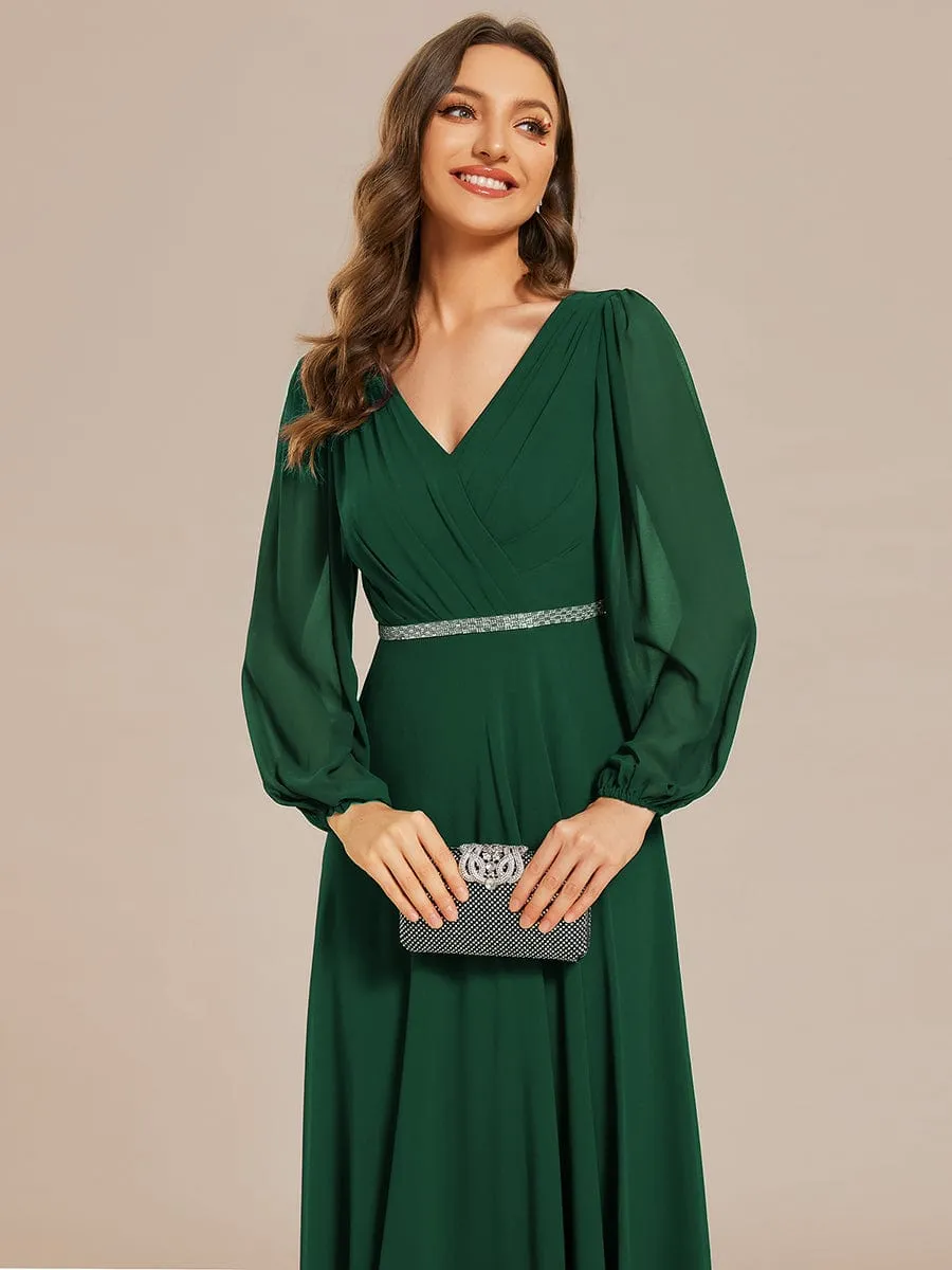 Clara | V-Neck Long Sleeves Shiny Belt Chiffon Mother of the Bride Dress