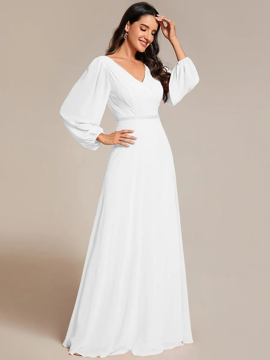 Clara | V-Neck Long Sleeves Shiny Belt Chiffon Mother of the Bride Dress