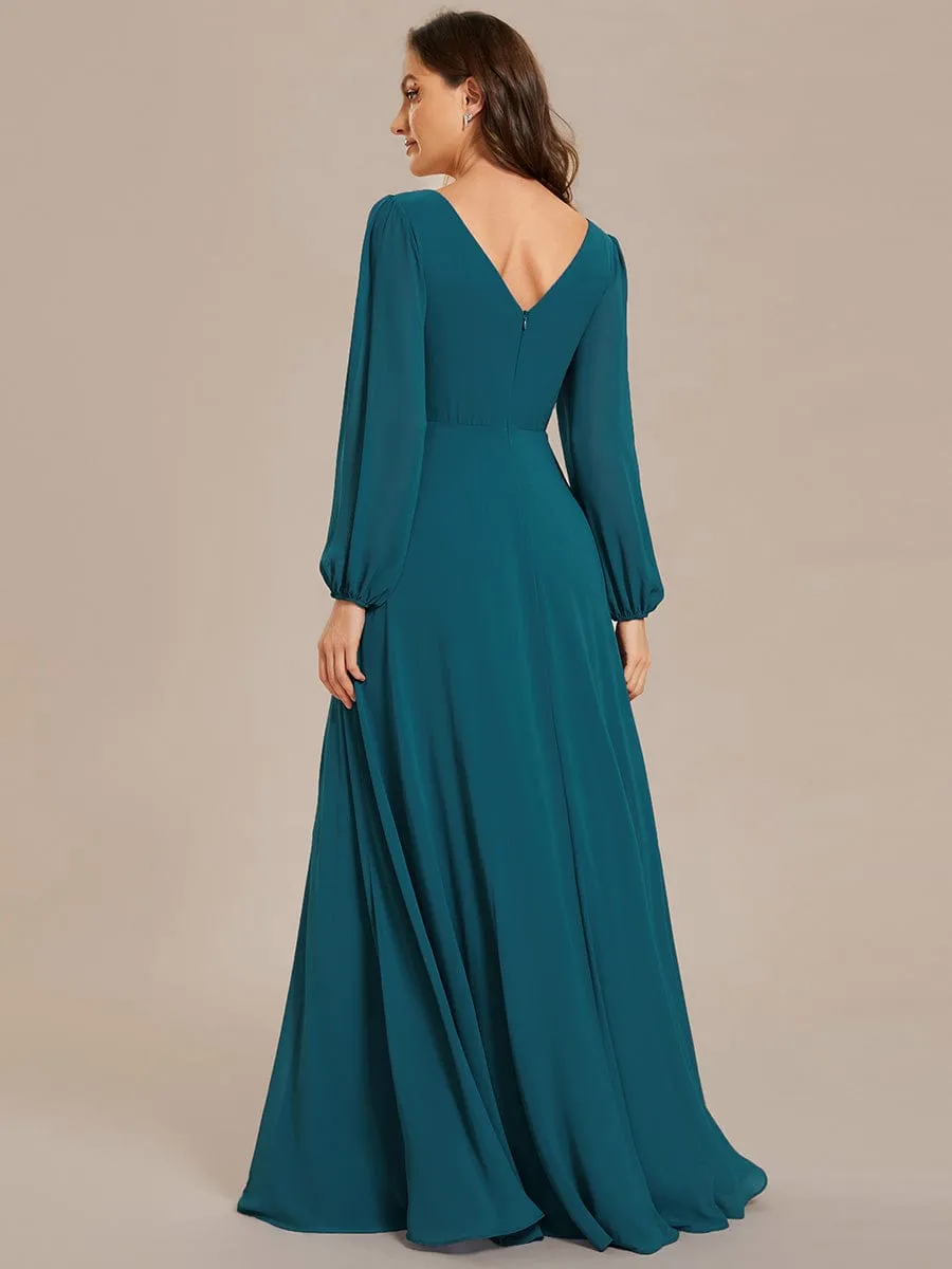 Clara | V-Neck Long Sleeves Shiny Belt Chiffon Mother of the Bride Dress