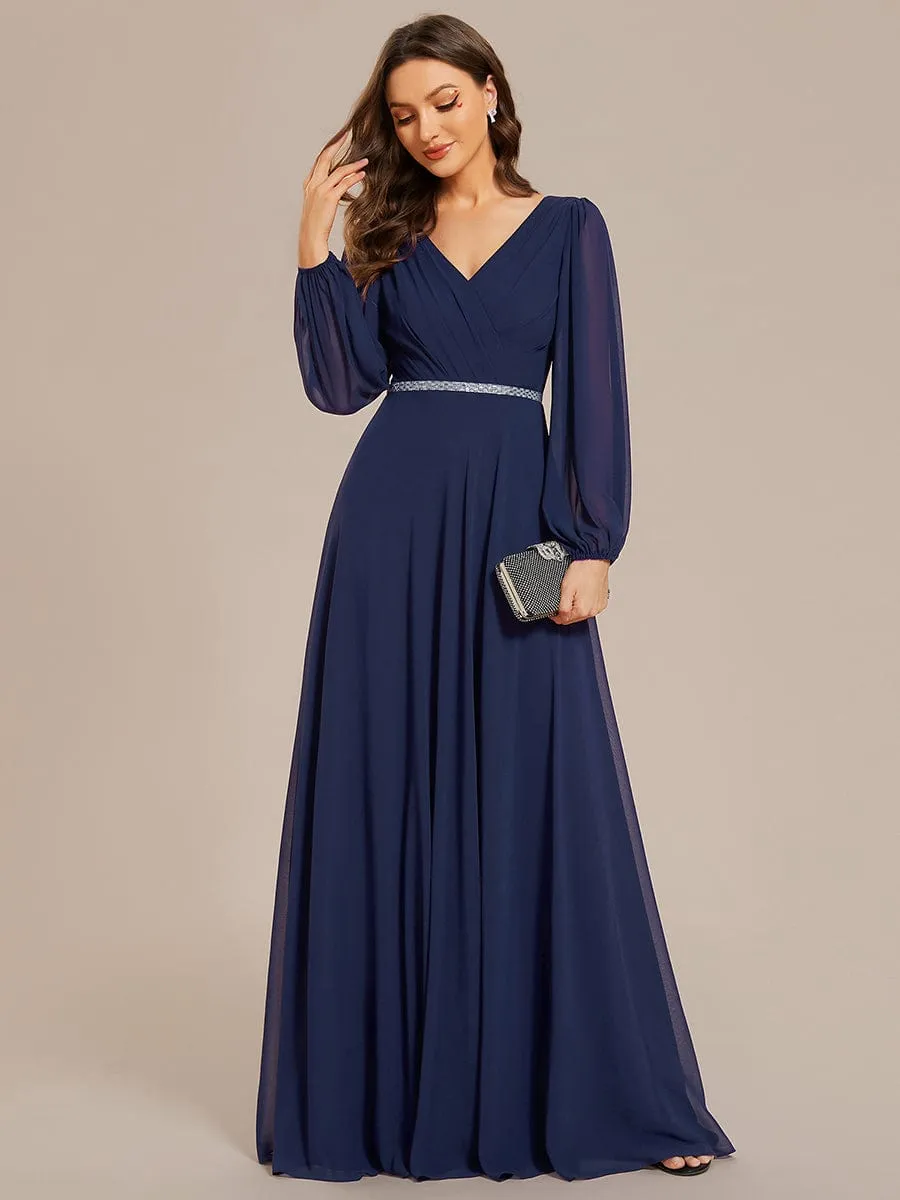 Clara | V-Neck Long Sleeves Shiny Belt Chiffon Mother of the Bride Dress