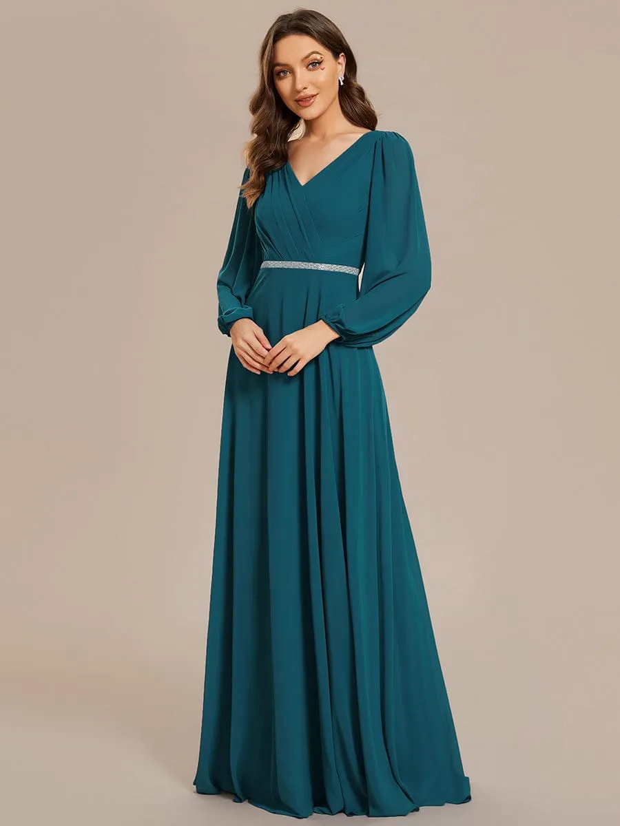 Clara | V-Neck Long Sleeves Shiny Belt Chiffon Mother of the Bride Dress