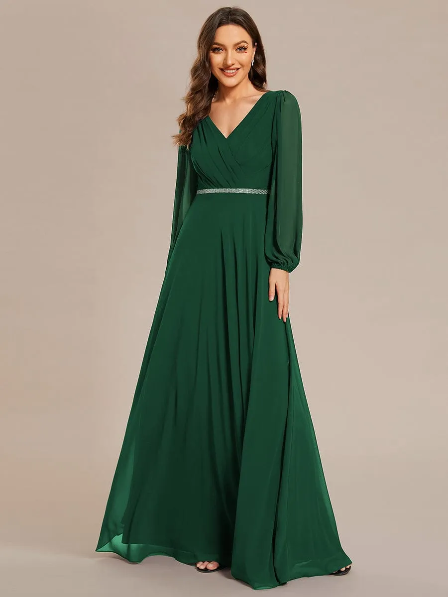 Clara | V-Neck Long Sleeves Shiny Belt Chiffon Mother of the Bride Dress