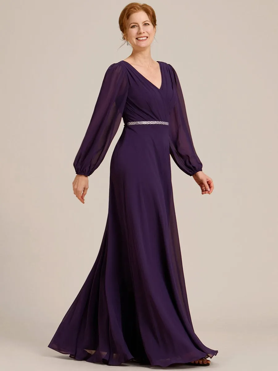 Clara | V-Neck Long Sleeves Shiny Belt Chiffon Mother of the Bride Dress