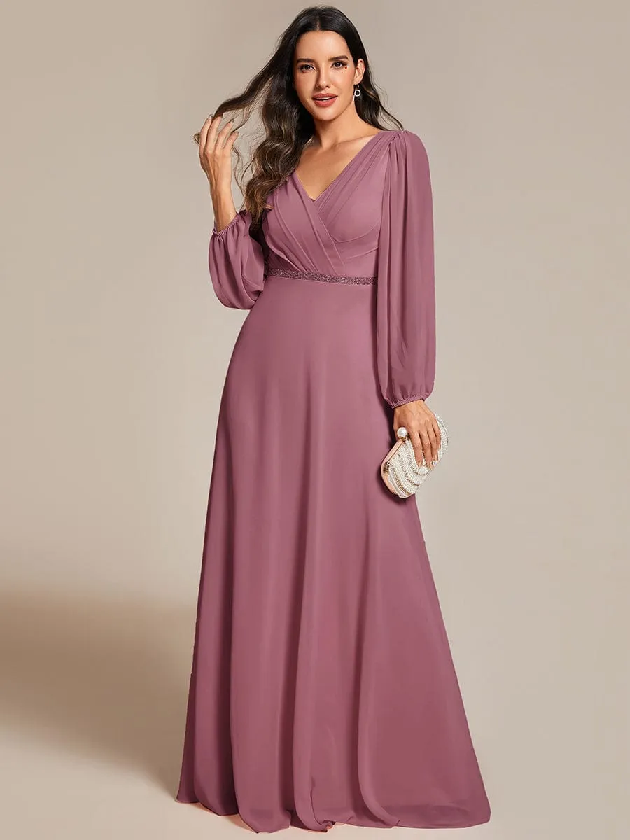 Clara | V-Neck Long Sleeves Shiny Belt Chiffon Mother of the Bride Dress