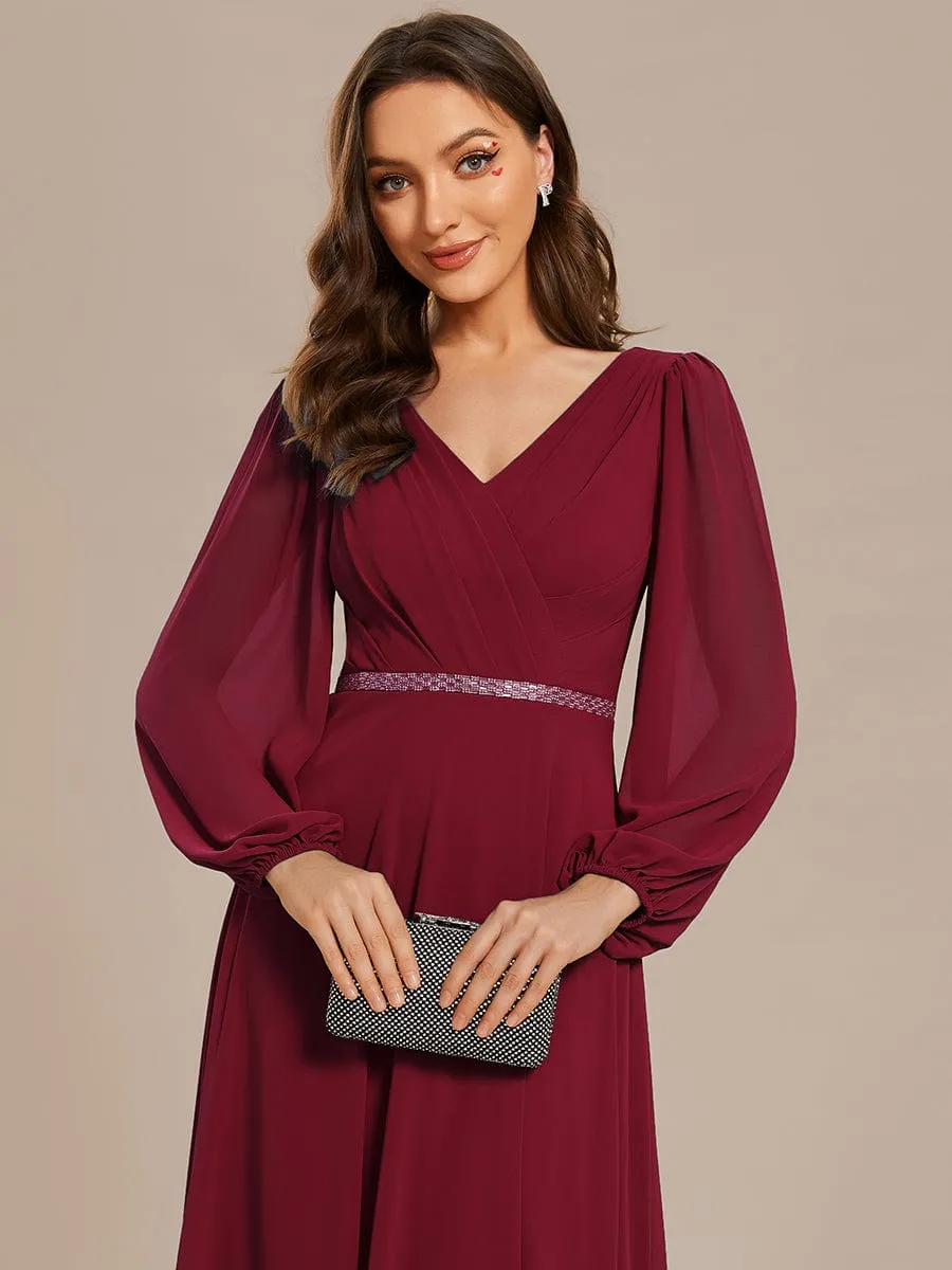 Clara | V-Neck Long Sleeves Shiny Belt Chiffon Mother of the Bride Dress