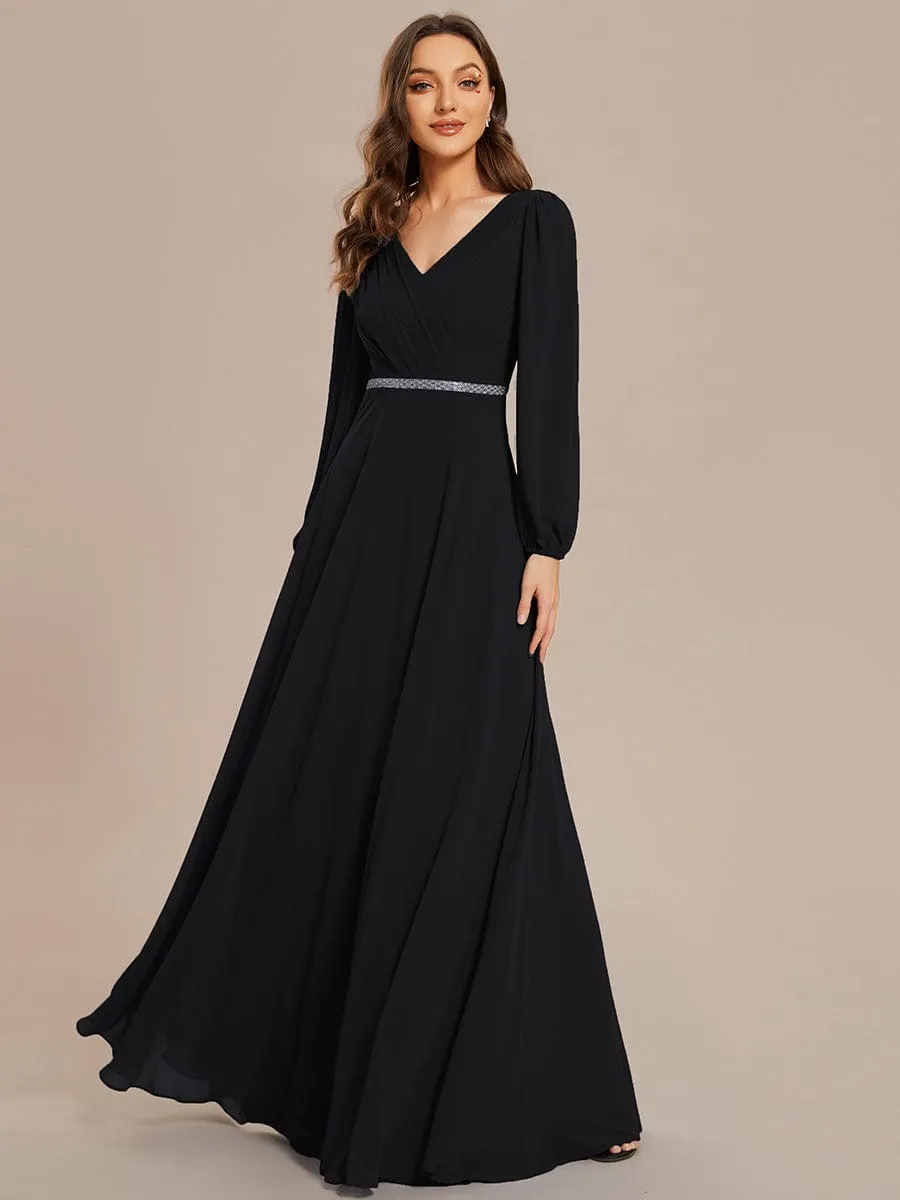 Clara | V-Neck Long Sleeves Shiny Belt Chiffon Mother of the Bride Dress