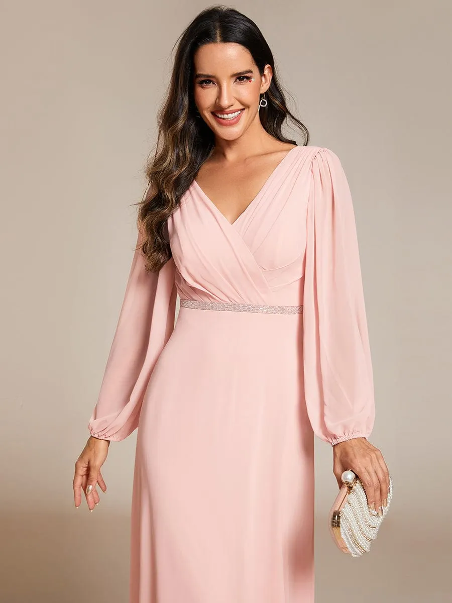 Clara | V-Neck Long Sleeves Shiny Belt Chiffon Mother of the Bride Dress