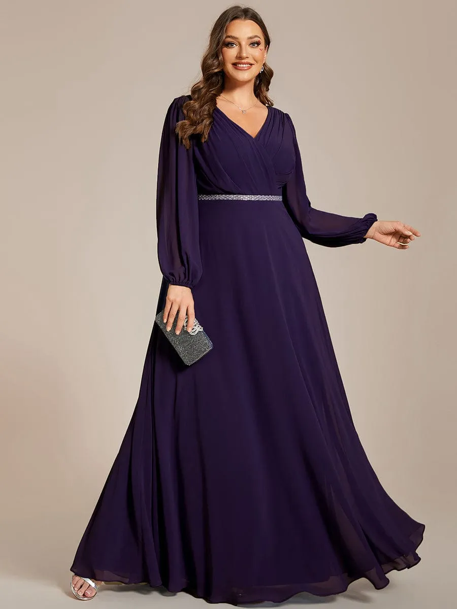 Clara | V-Neck Long Sleeves Shiny Belt Chiffon Mother of the Bride Dress