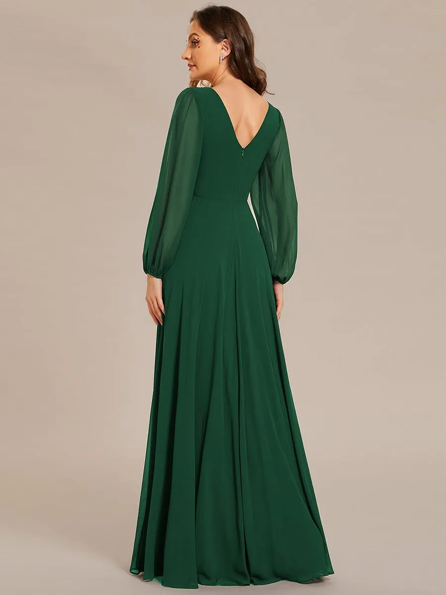 Clara | V-Neck Long Sleeves Shiny Belt Chiffon Mother of the Bride Dress