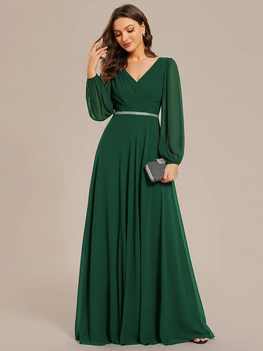 Clara | V-Neck Long Sleeves Shiny Belt Chiffon Mother of the Bride Dress
