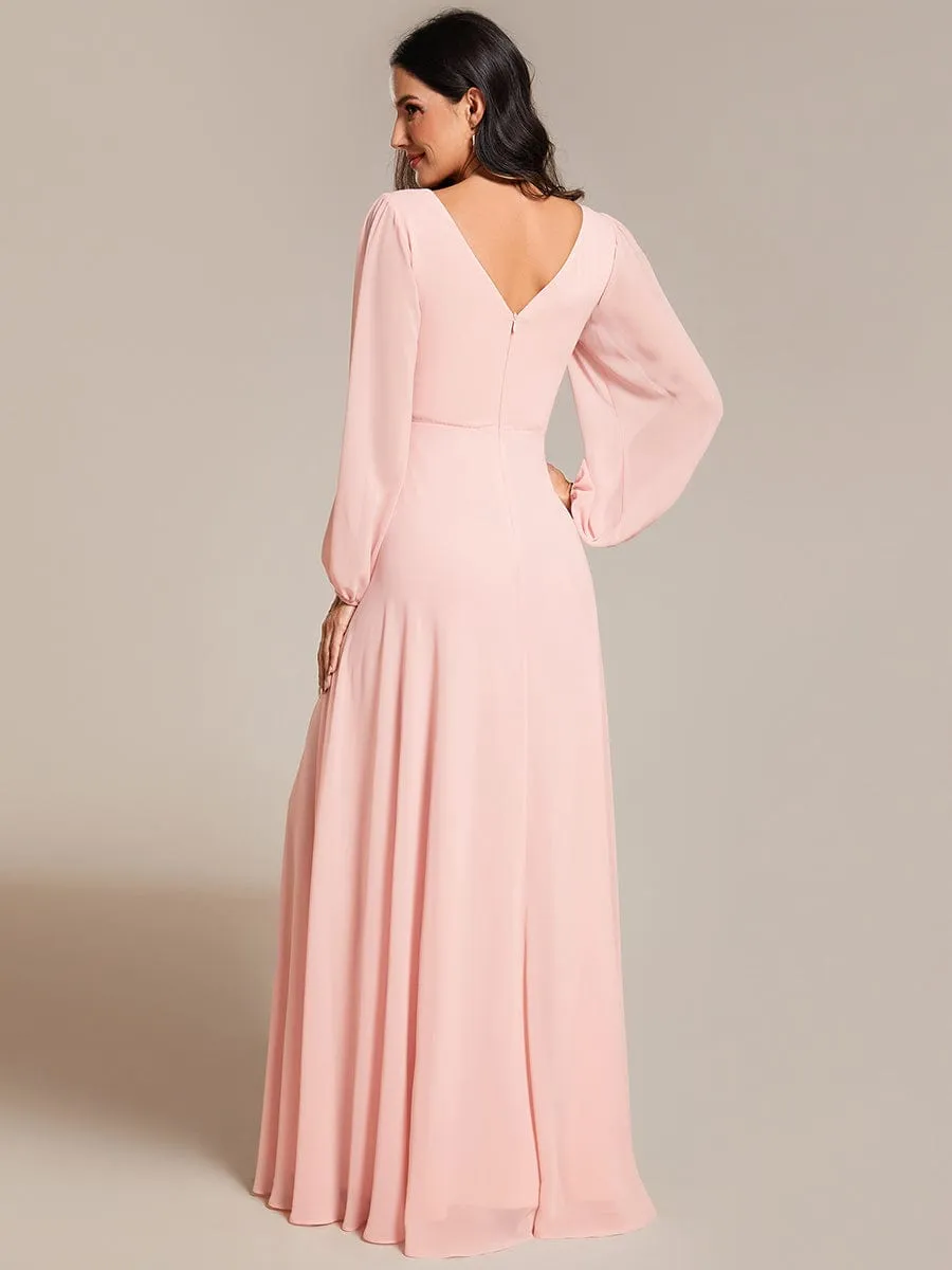 Clara | V-Neck Long Sleeves Shiny Belt Chiffon Mother of the Bride Dress