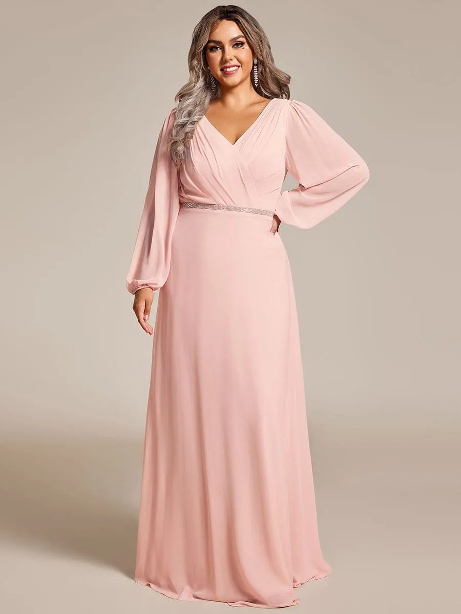 Clara | V-Neck Long Sleeves Shiny Belt Chiffon Mother of the Bride Dress
