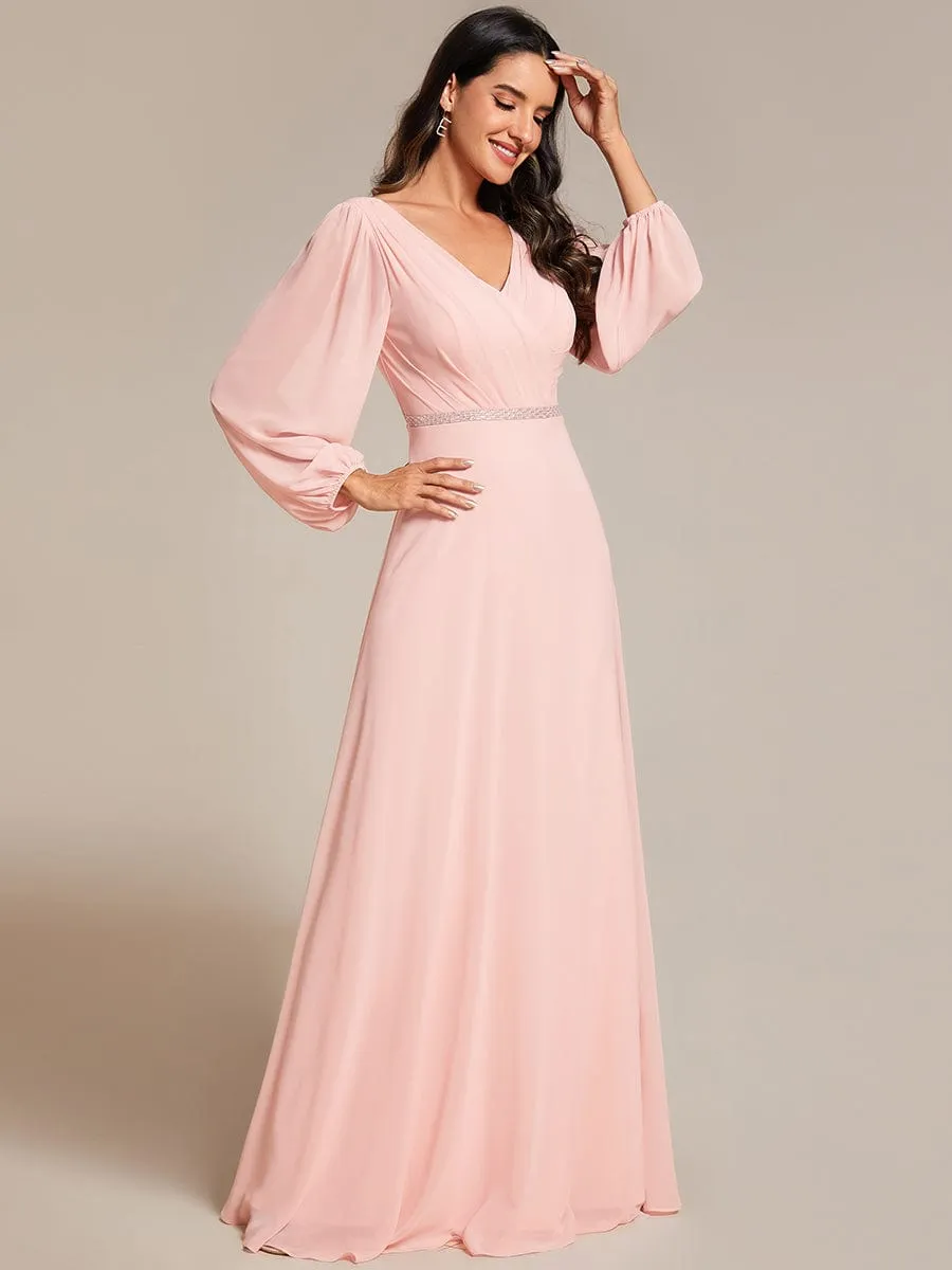 Clara | V-Neck Long Sleeves Shiny Belt Chiffon Mother of the Bride Dress