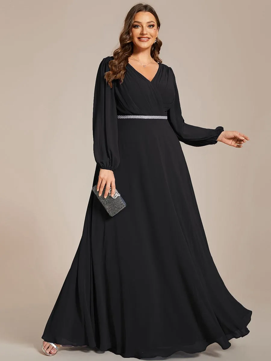Clara | V-Neck Long Sleeves Shiny Belt Chiffon Mother of the Bride Dress