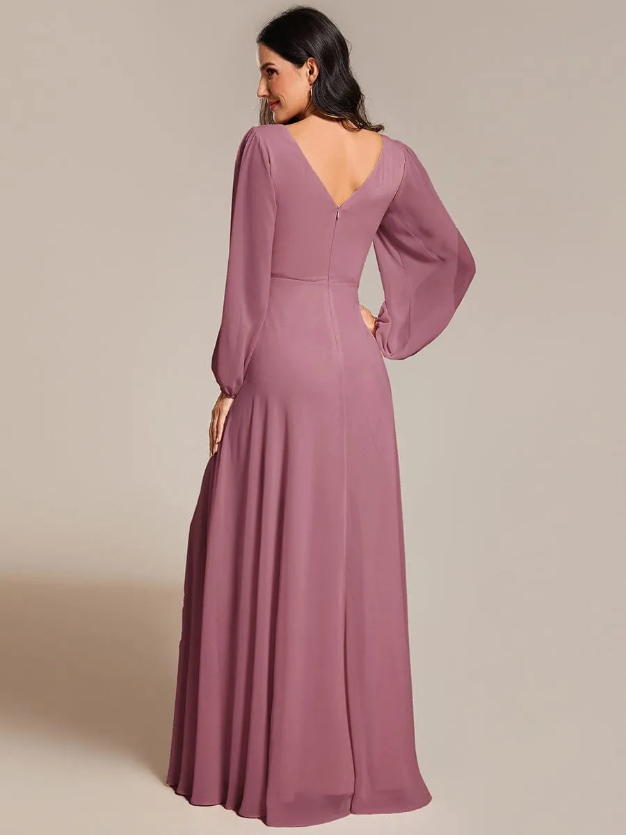 Clara | V-Neck Long Sleeves Shiny Belt Chiffon Mother of the Bride Dress
