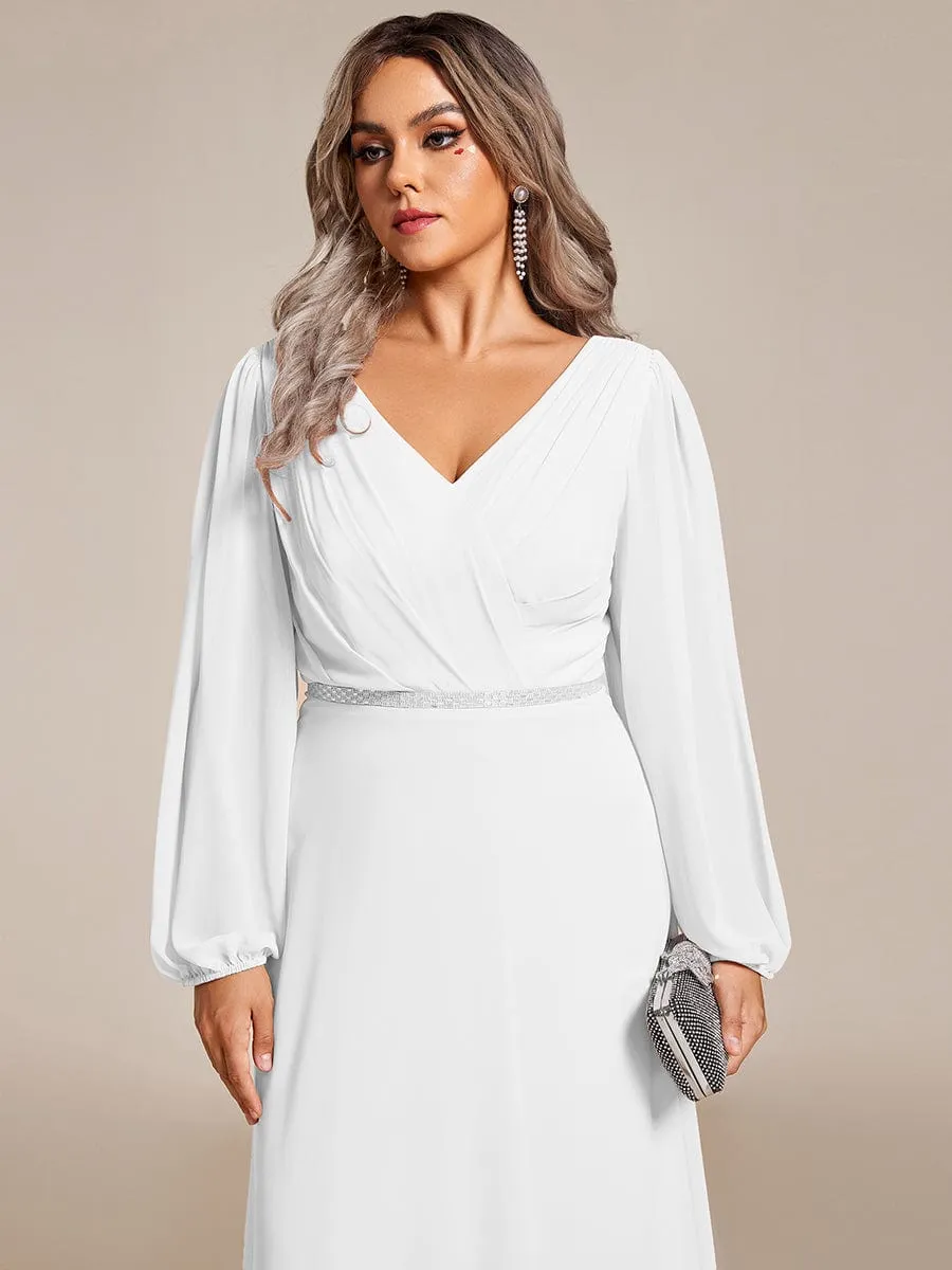 Clara | V-Neck Long Sleeves Shiny Belt Chiffon Mother of the Bride Dress