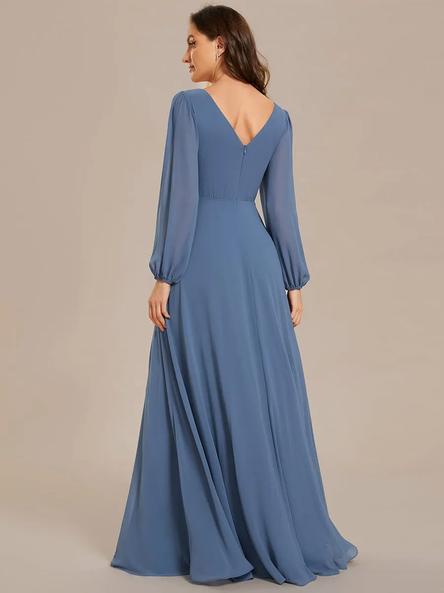 Clara | V-Neck Long Sleeves Shiny Belt Chiffon Mother of the Bride Dress