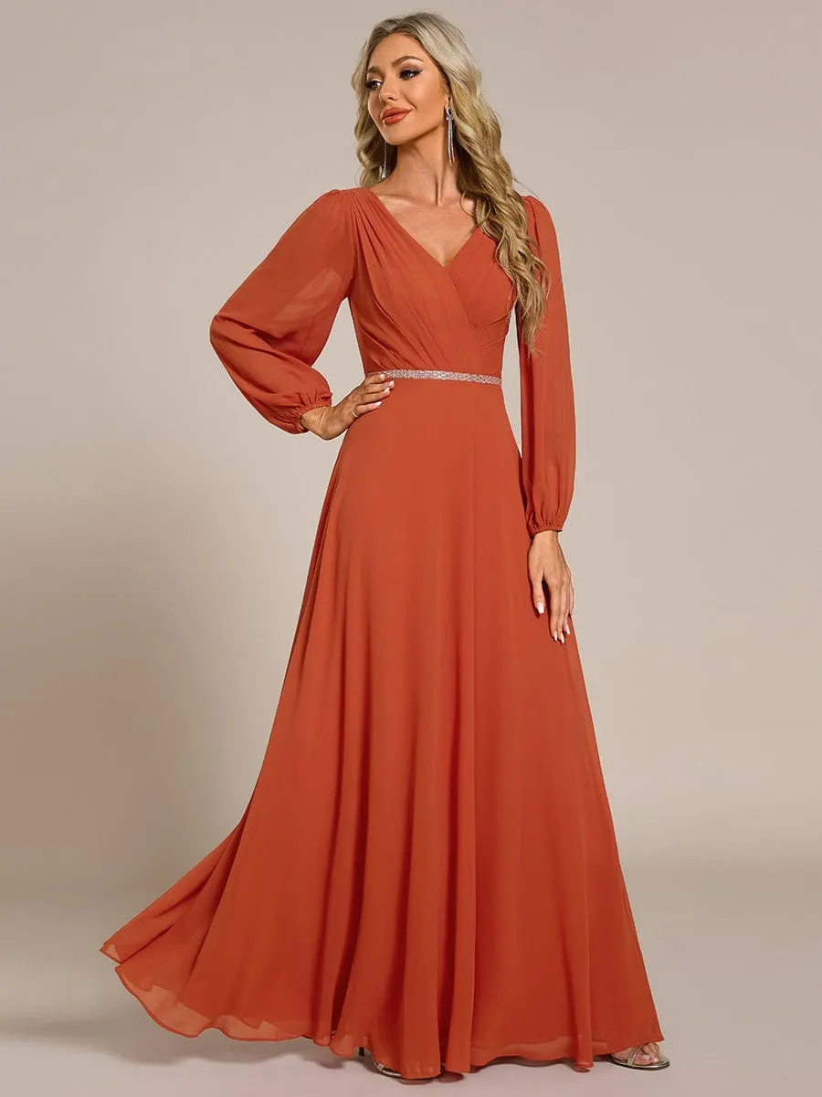 Clara | V-Neck Long Sleeves Shiny Belt Chiffon Mother of the Bride Dress