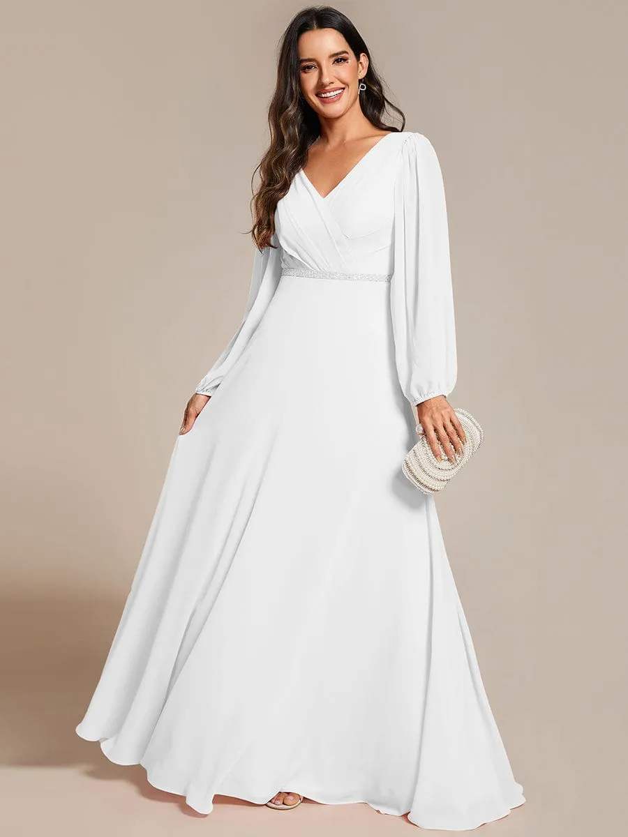 Clara | V-Neck Long Sleeves Shiny Belt Chiffon Mother of the Bride Dress
