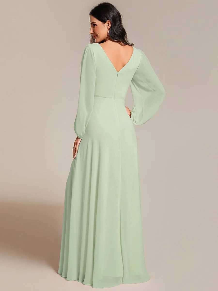 Clara | V-Neck Long Sleeves Shiny Belt Chiffon Mother of the Bride Dress