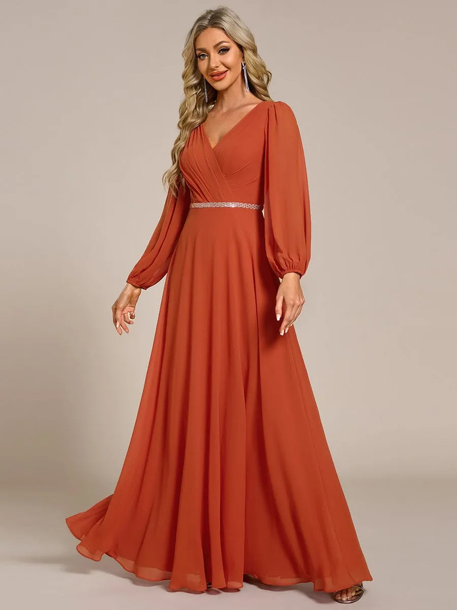 Clara | V-Neck Long Sleeves Shiny Belt Chiffon Mother of the Bride Dress