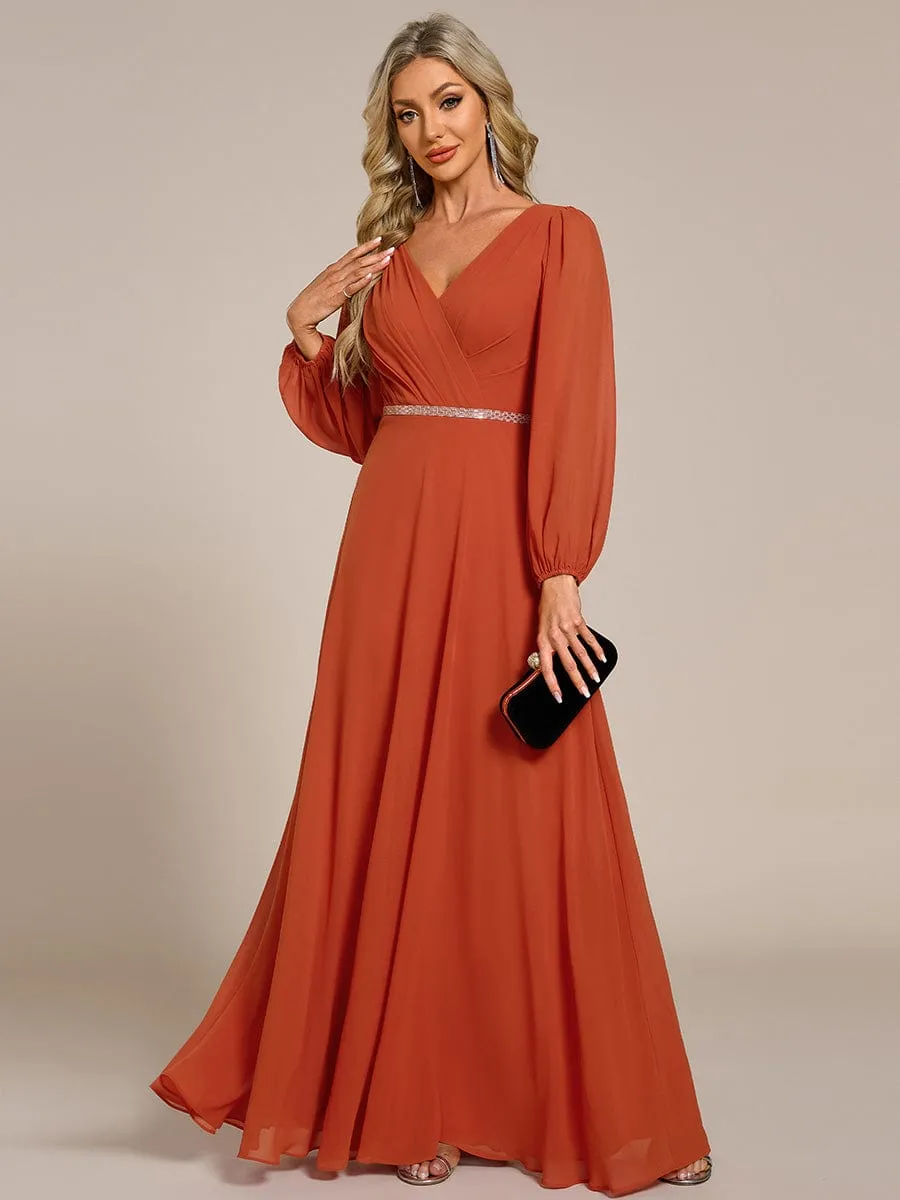 Clara | V-Neck Long Sleeves Shiny Belt Chiffon Mother of the Bride Dress
