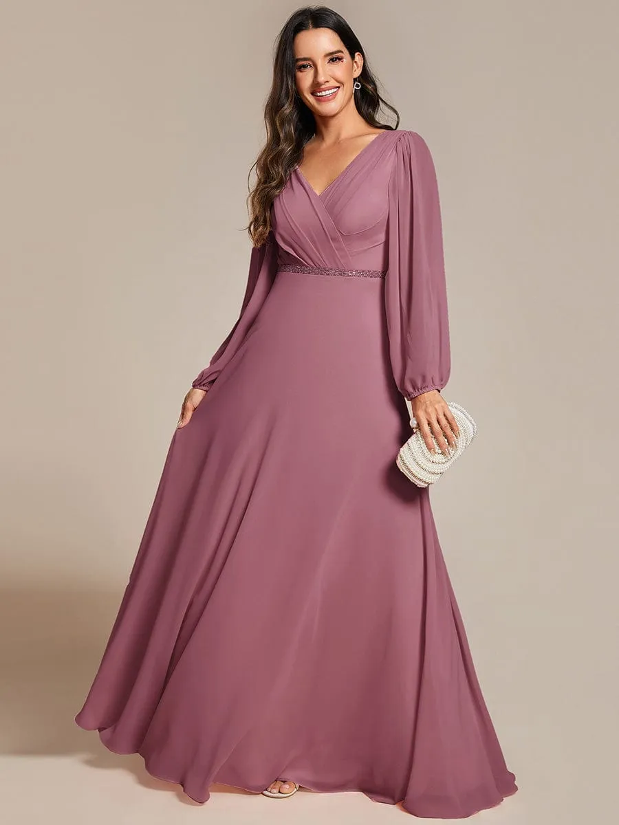Clara | V-Neck Long Sleeves Shiny Belt Chiffon Mother of the Bride Dress