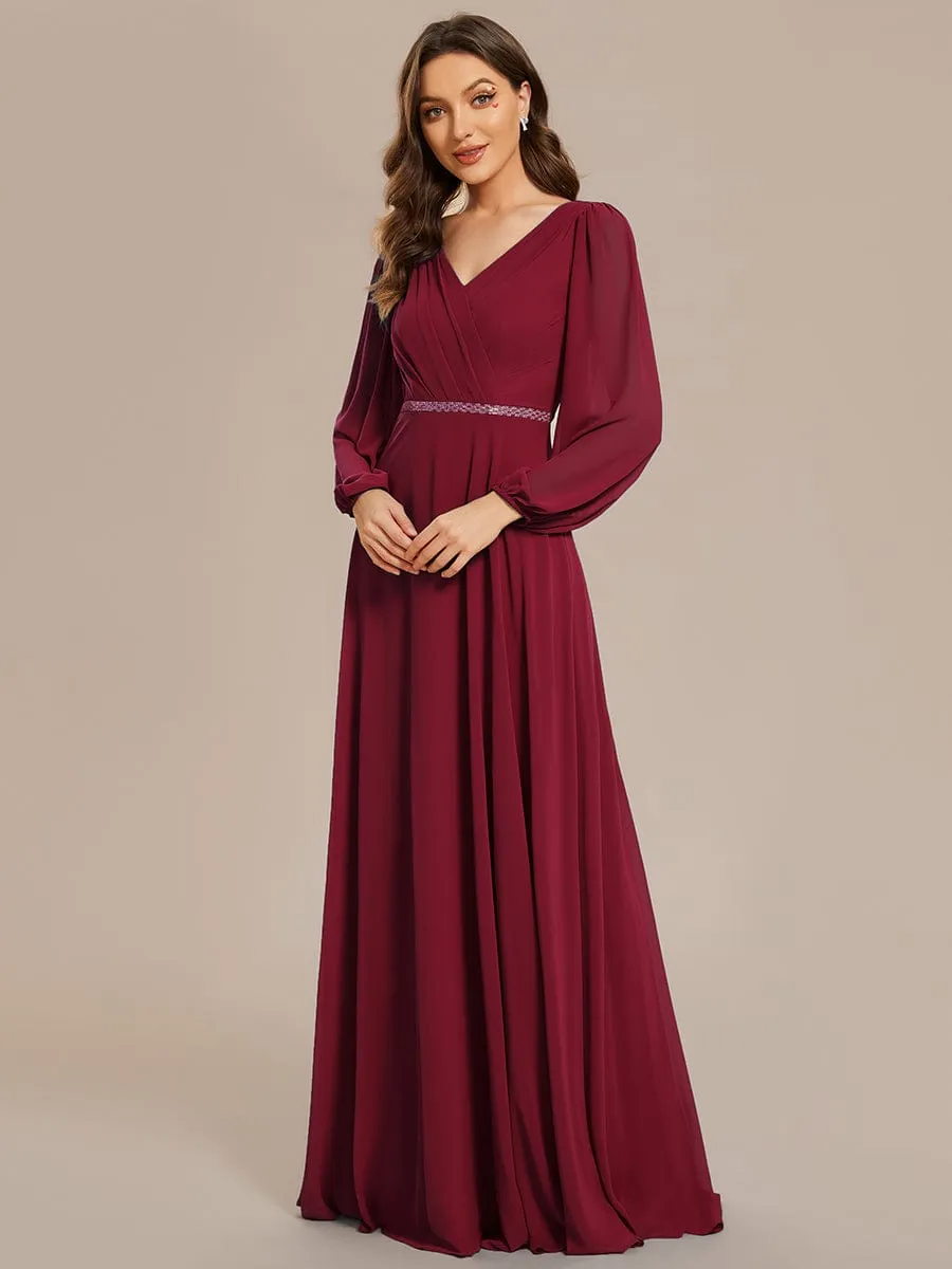 Clara | V-Neck Long Sleeves Shiny Belt Chiffon Mother of the Bride Dress