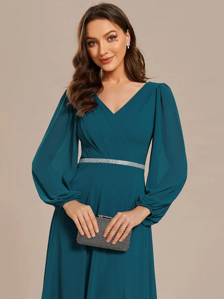 Clara | V-Neck Long Sleeves Shiny Belt Chiffon Mother of the Bride Dress