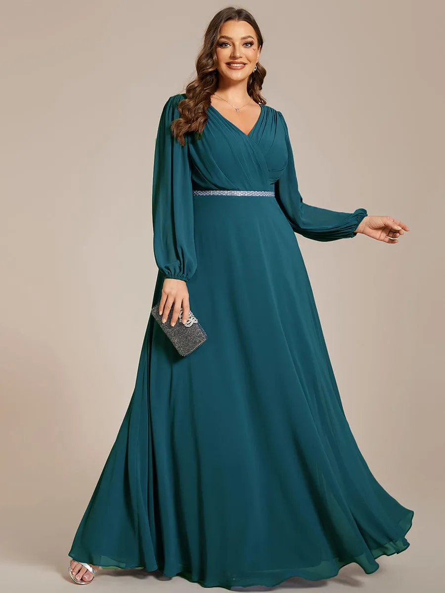 Clara | V-Neck Long Sleeves Shiny Belt Chiffon Mother of the Bride Dress