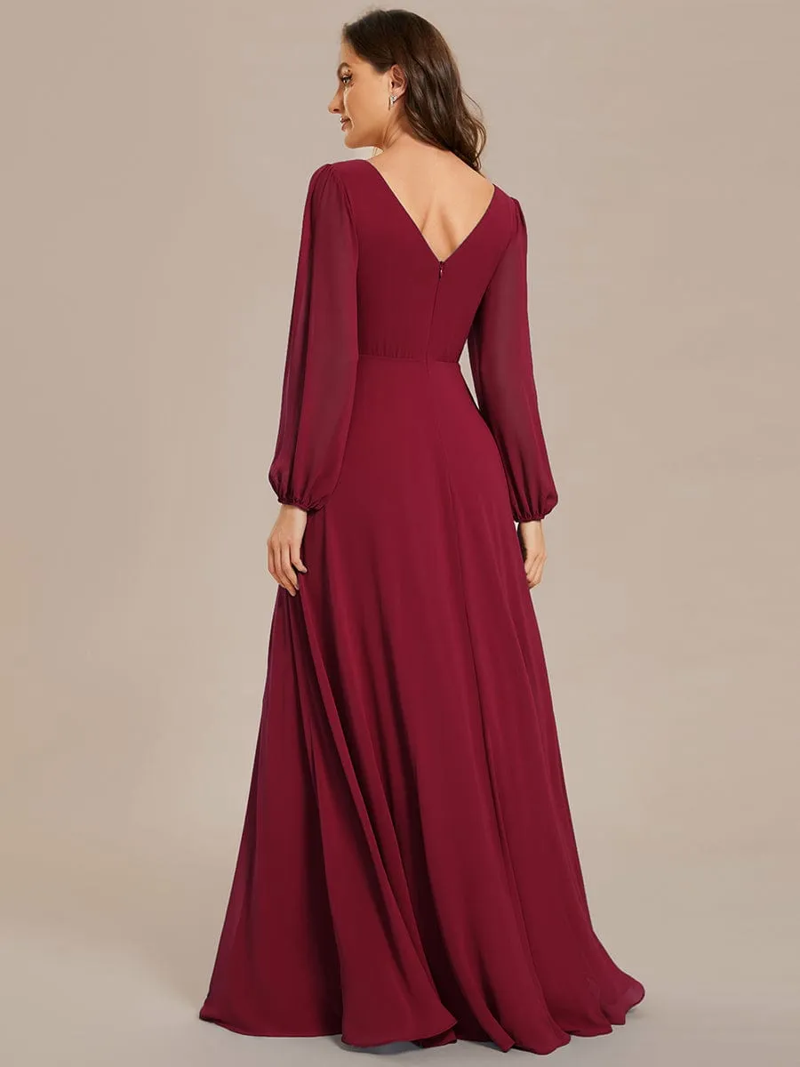 Clara | V-Neck Long Sleeves Shiny Belt Chiffon Mother of the Bride Dress