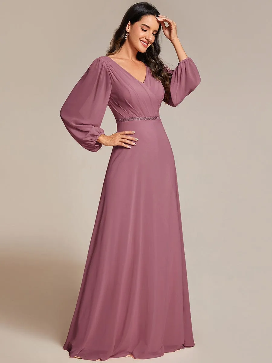 Clara | V-Neck Long Sleeves Shiny Belt Chiffon Mother of the Bride Dress