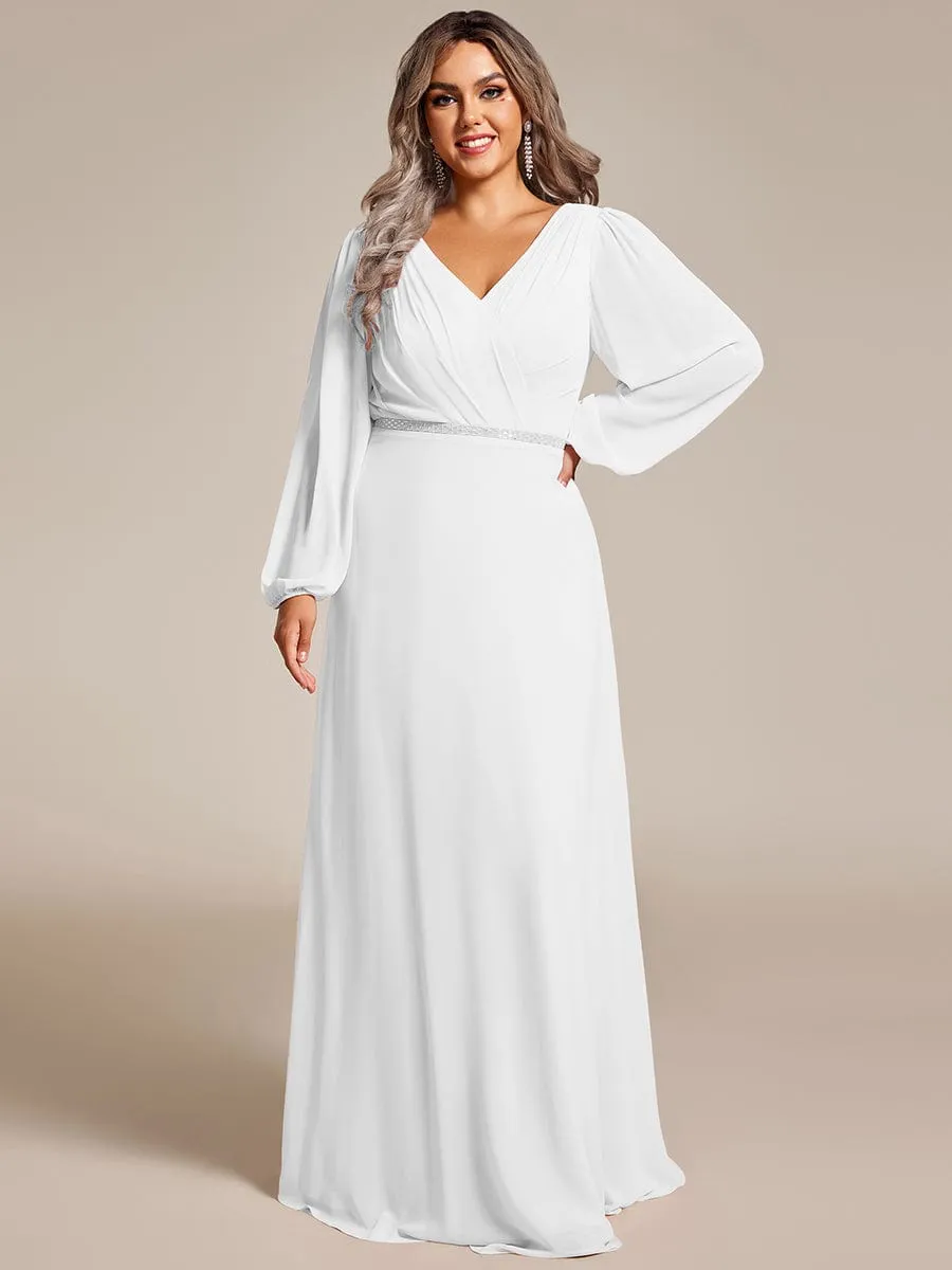 Clara | V-Neck Long Sleeves Shiny Belt Chiffon Mother of the Bride Dress