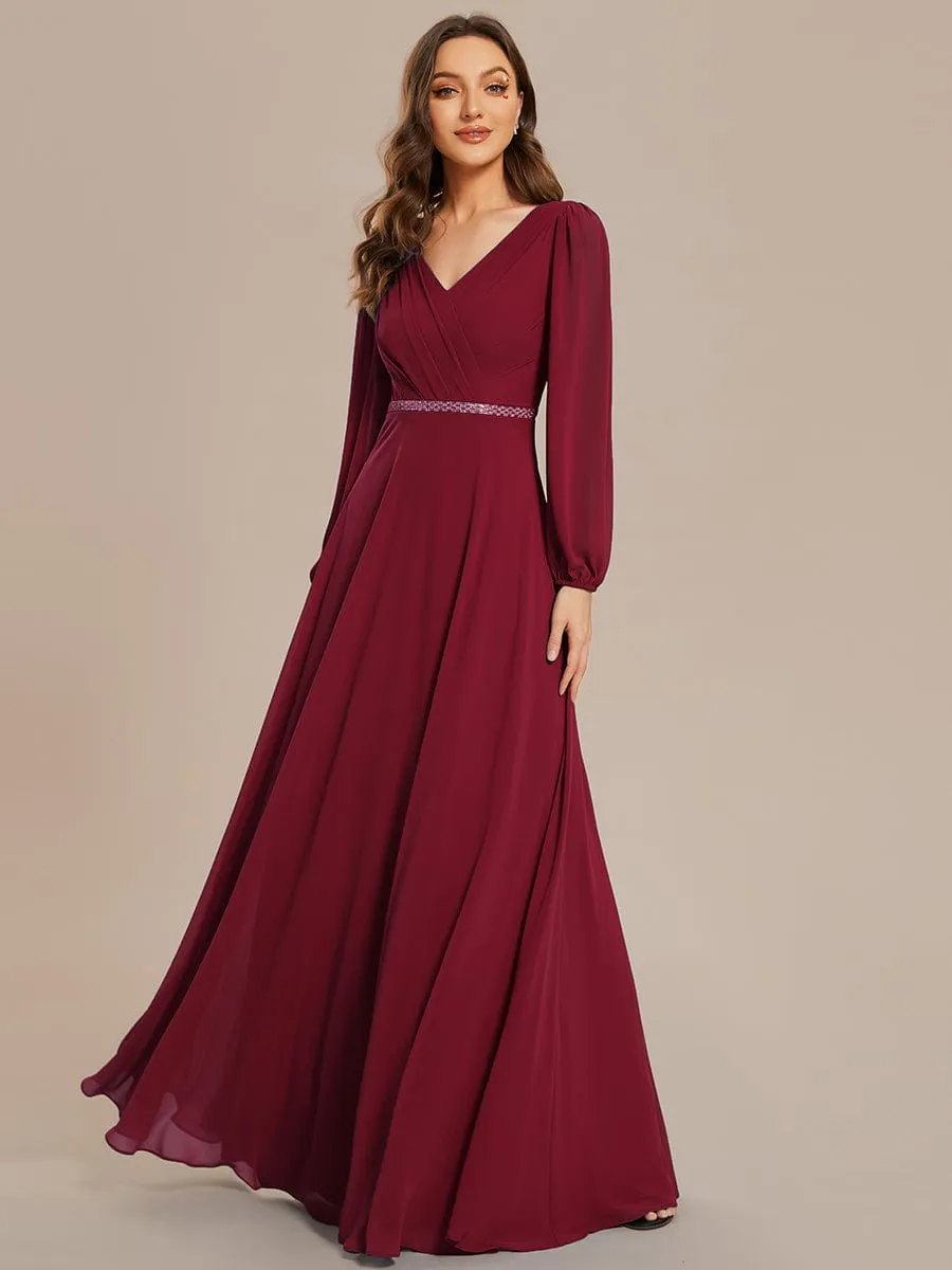 Clara | V-Neck Long Sleeves Shiny Belt Chiffon Mother of the Bride Dress