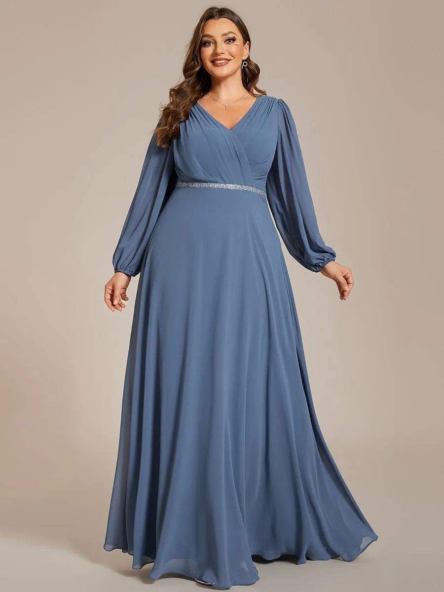 Clara | V-Neck Long Sleeves Shiny Belt Chiffon Mother of the Bride Dress