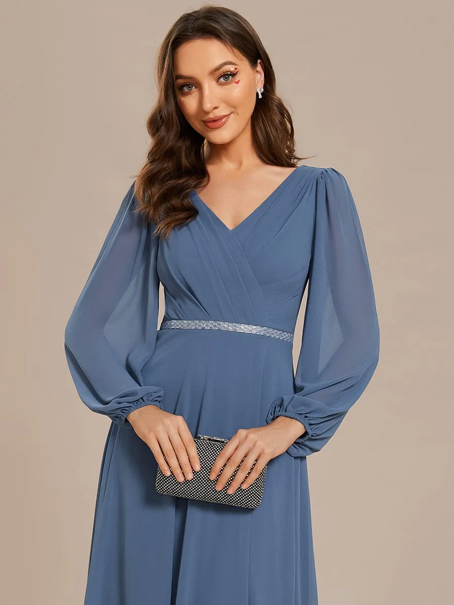 Clara | V-Neck Long Sleeves Shiny Belt Chiffon Mother of the Bride Dress