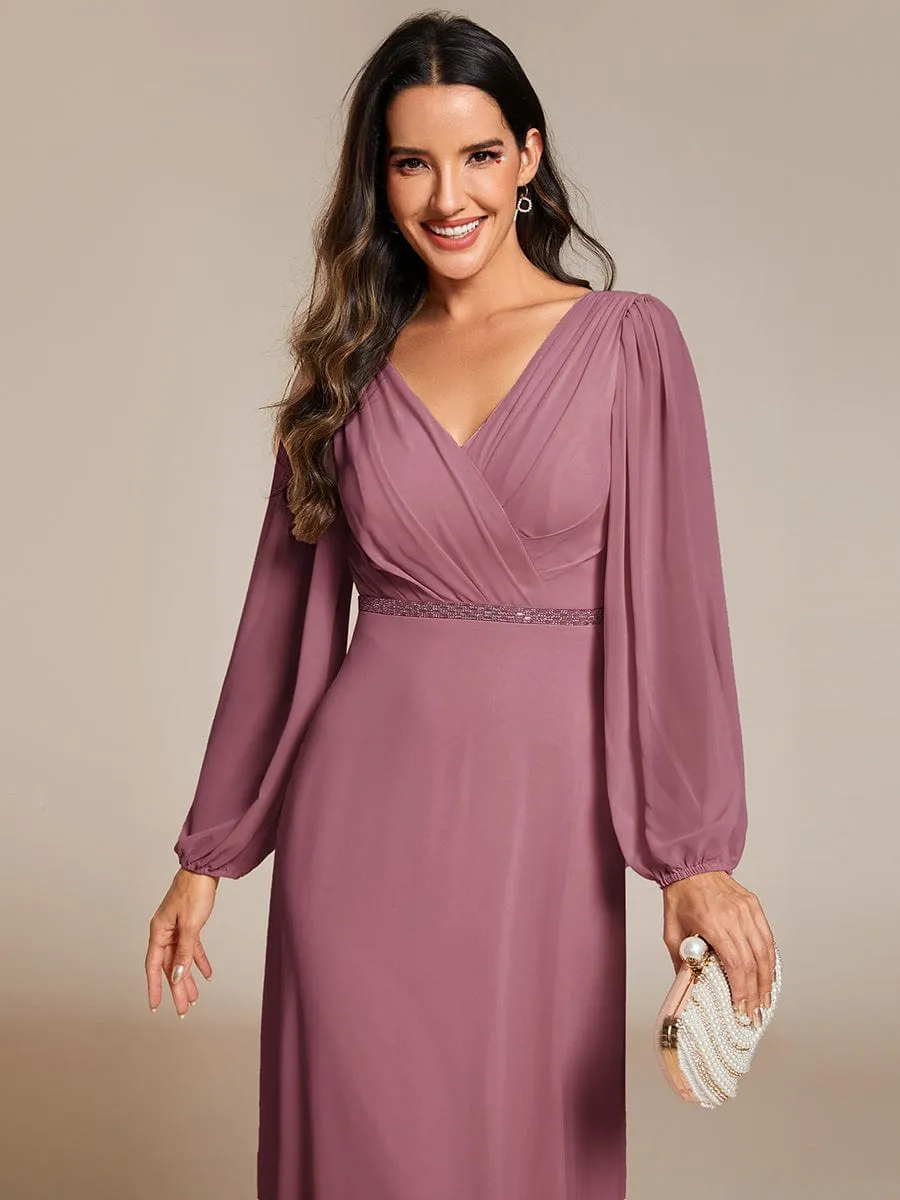 Clara | V-Neck Long Sleeves Shiny Belt Chiffon Mother of the Bride Dress