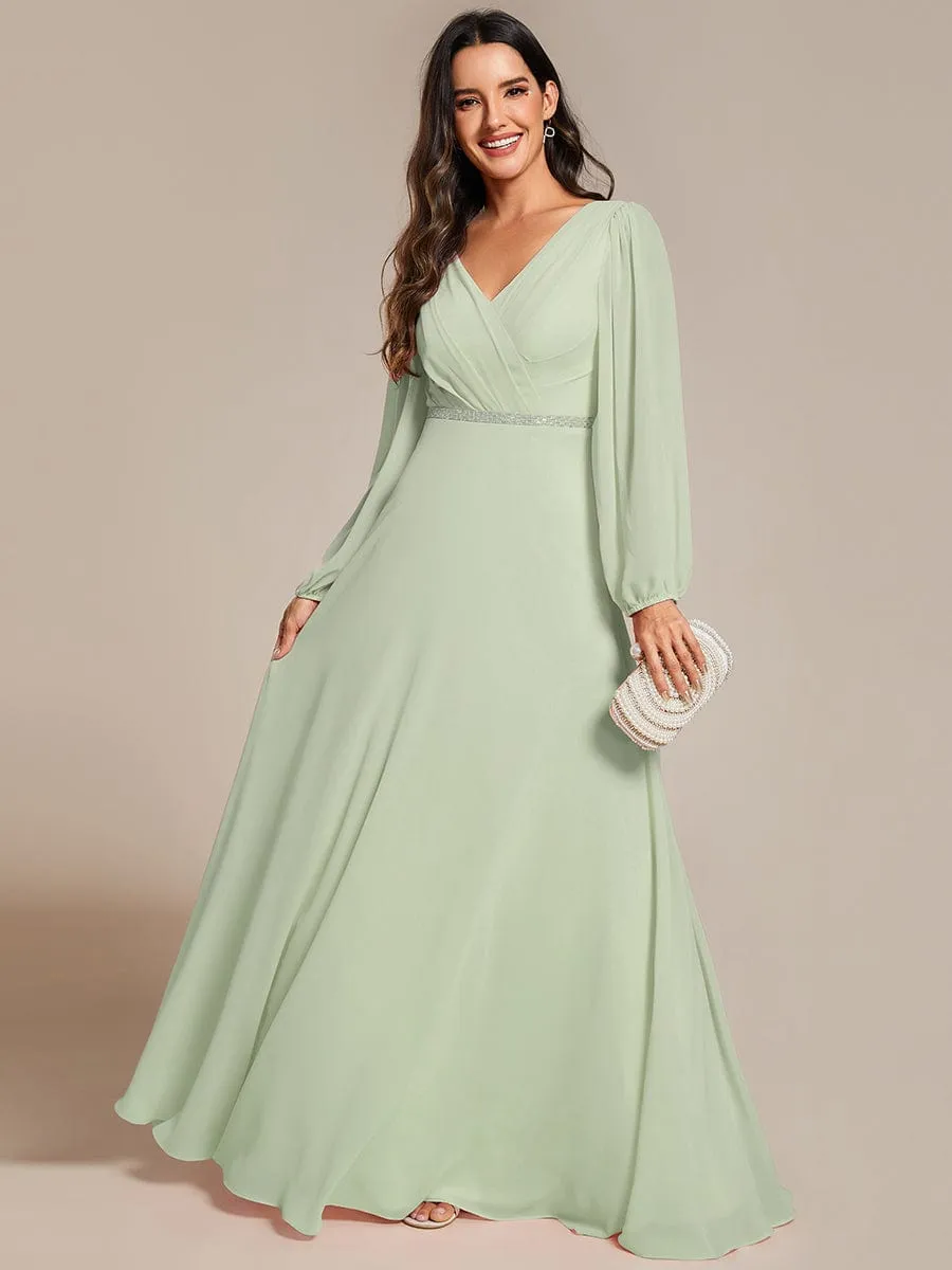 Clara | V-Neck Long Sleeves Shiny Belt Chiffon Mother of the Bride Dress