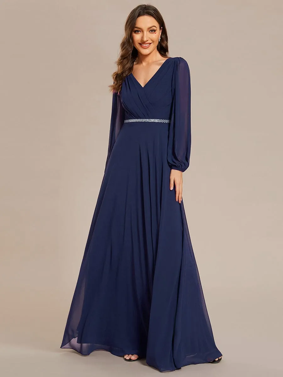 Clara | V-Neck Long Sleeves Shiny Belt Chiffon Mother of the Bride Dress