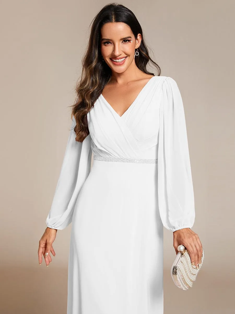 Clara | V-Neck Long Sleeves Shiny Belt Chiffon Mother of the Bride Dress