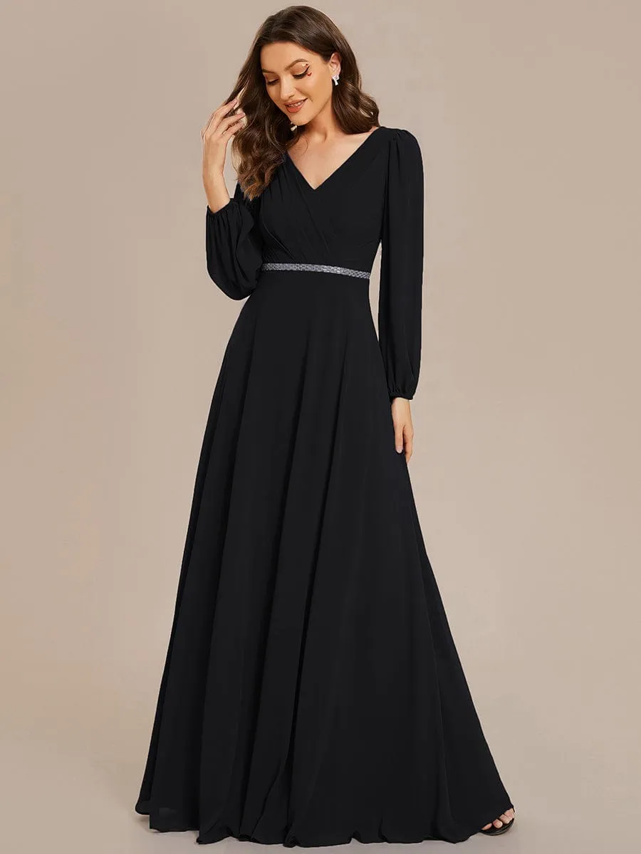 Clara | V-Neck Long Sleeves Shiny Belt Chiffon Mother of the Bride Dress