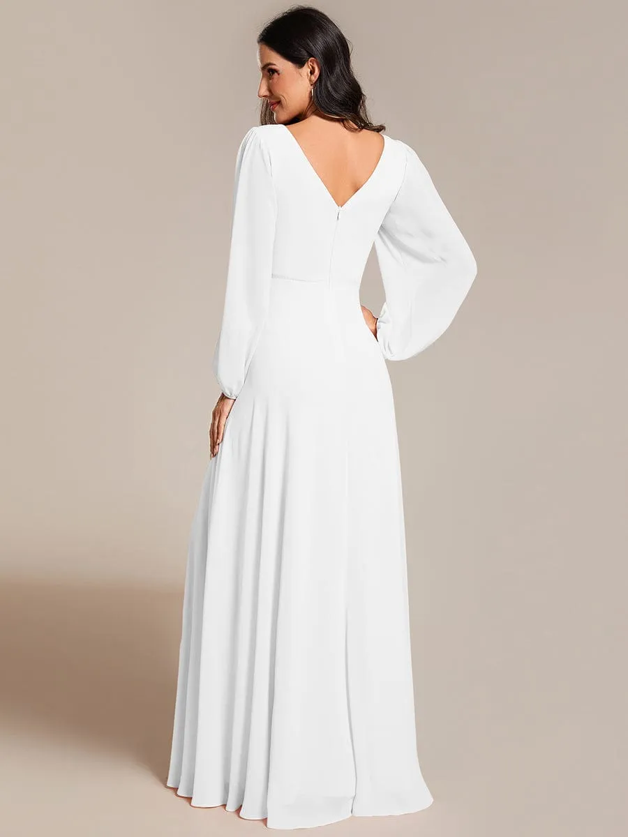 Clara | V-Neck Long Sleeves Shiny Belt Chiffon Mother of the Bride Dress