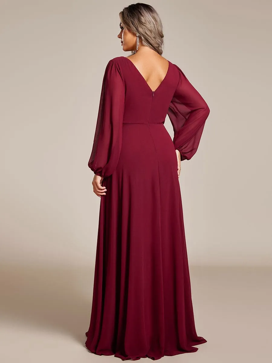 Clara | V-Neck Long Sleeves Shiny Belt Chiffon Mother of the Bride Dress